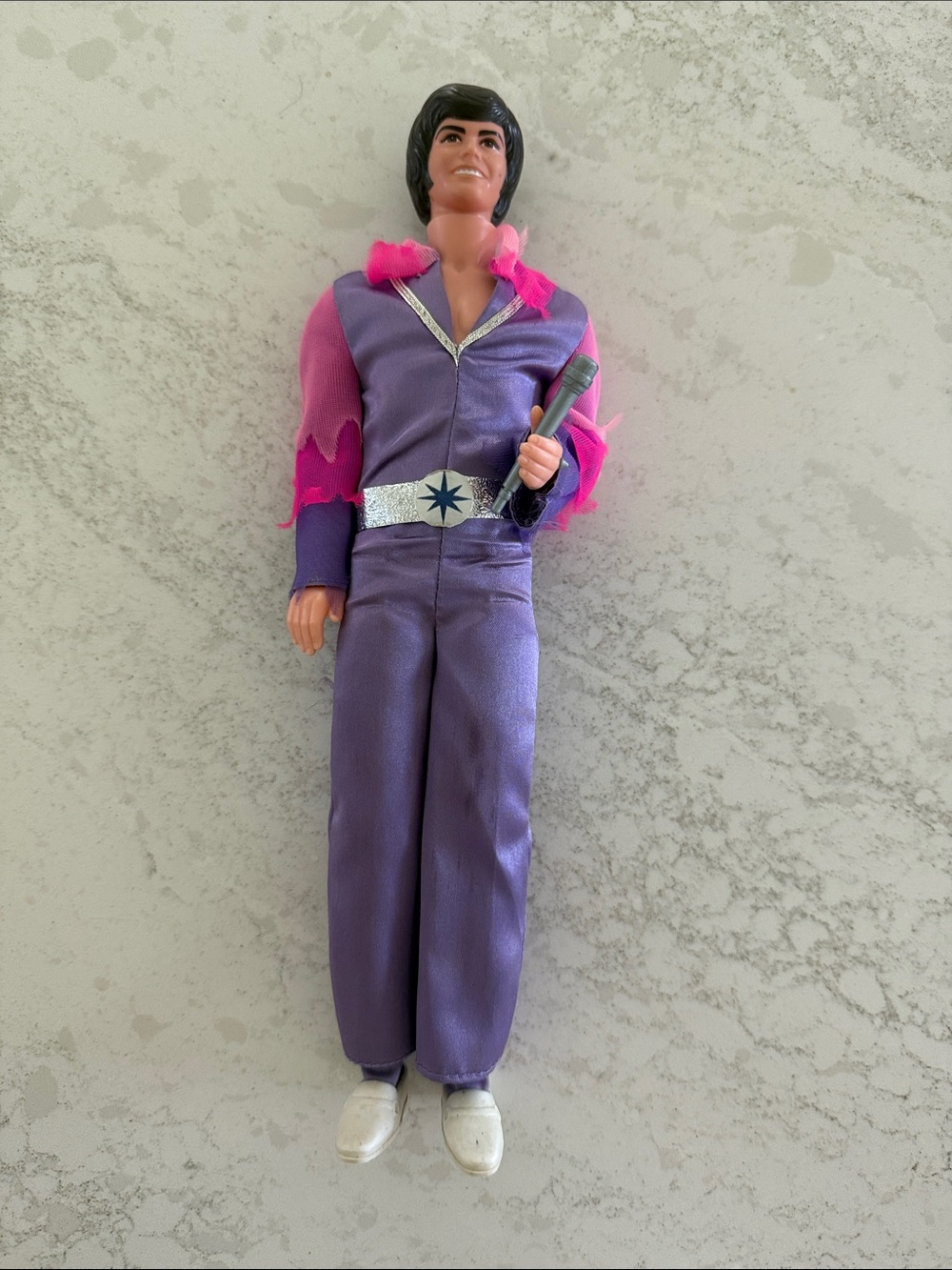 Vintage Donny Osmond doll with Purple Jumpsuit with Pink Accents and microphone